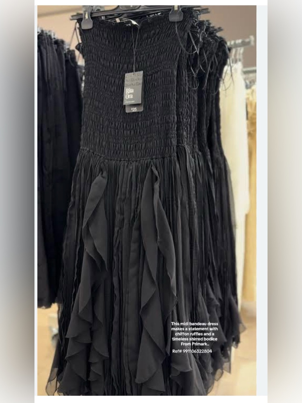 Rita Ora for Primark UK Black Smocked Bandeau Midi Dress with Ruffles